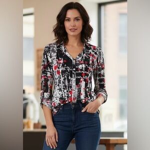 PETER NYGARD Scroll Print Top with Ruched Sleeve - Size M